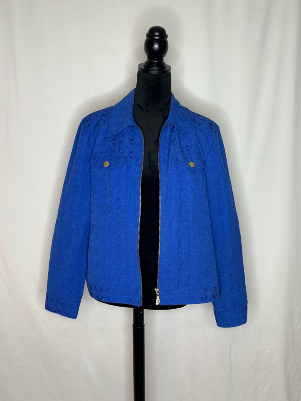 Ruby Rd. Royal Blue Geometric Textured Zip Front Jacket Size 16